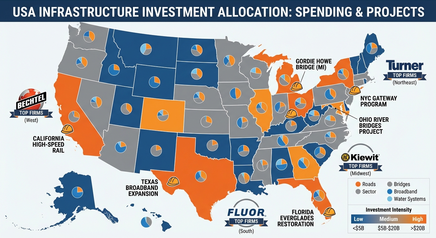 Map of United States showing infrastructure spending allocation by state and sector