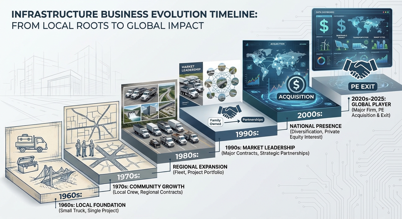 Timeline showing growth of infrastructure industry wealth from 1960s to 2025