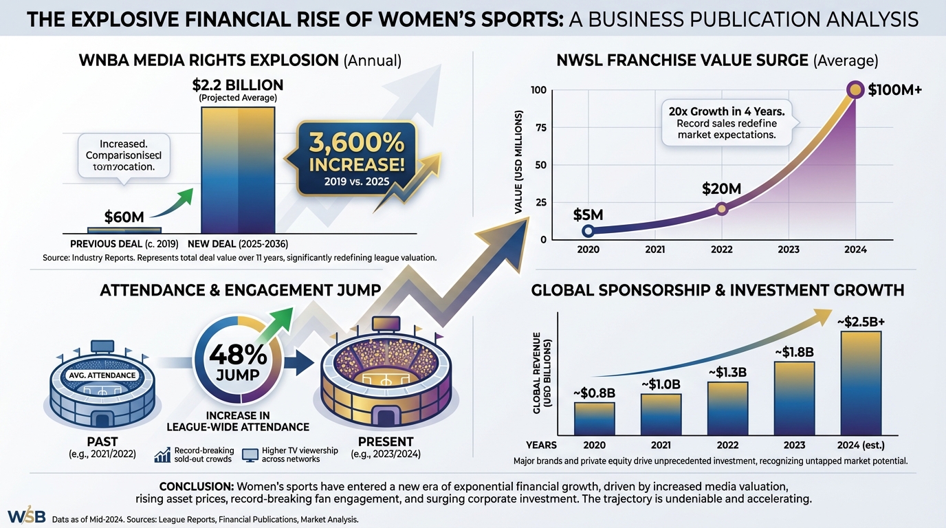 Infographic showing exponential growth in women's sports media deals and valuations