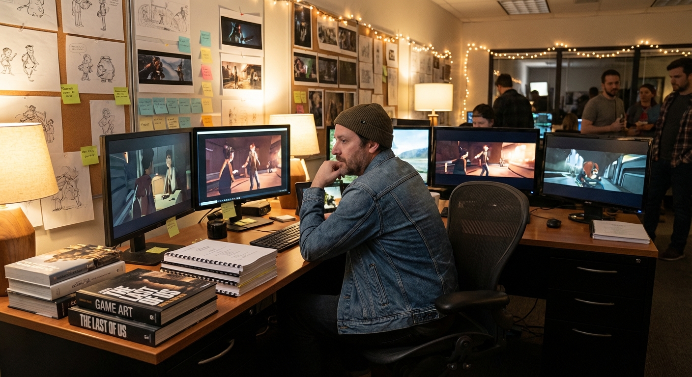 Director reviewing game footage on screen while planning adaptation scenes