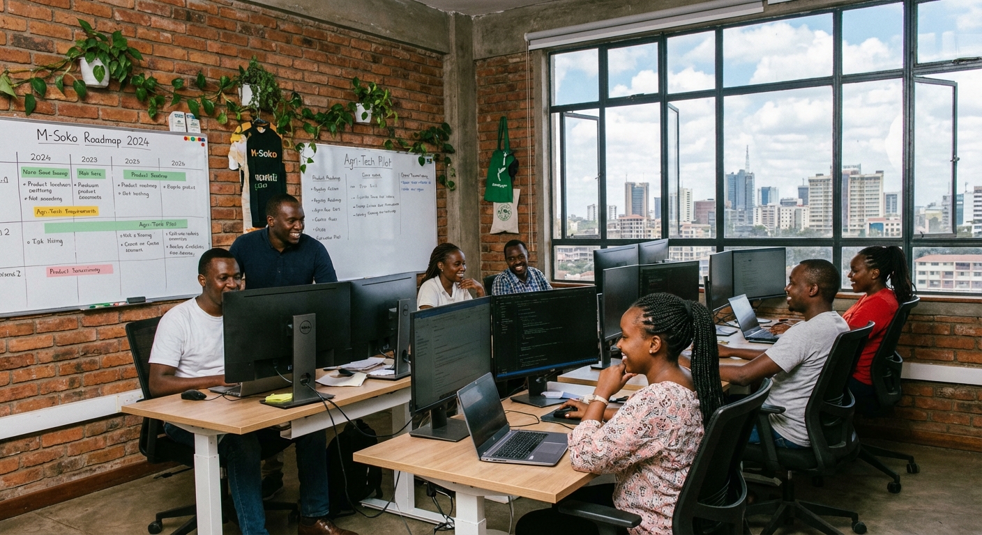 Busy tech startup office in Nairobi with developers working on laptops