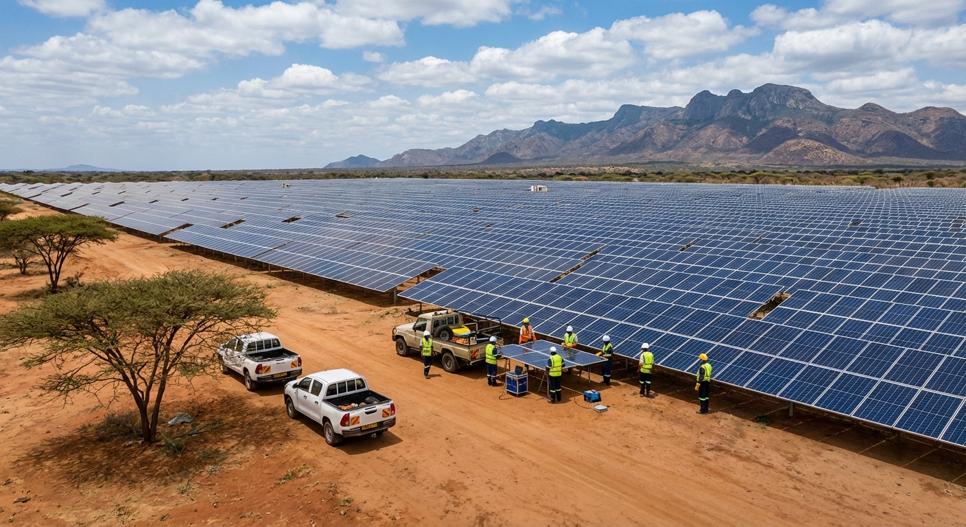 Solar farm installation in rural Africa with workers and modern equipment
