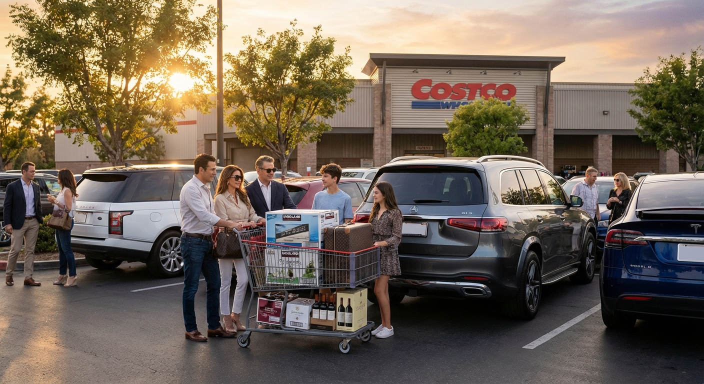 Affluent shoppers loading luxury items into Mercedes SUV in Costco parking lot