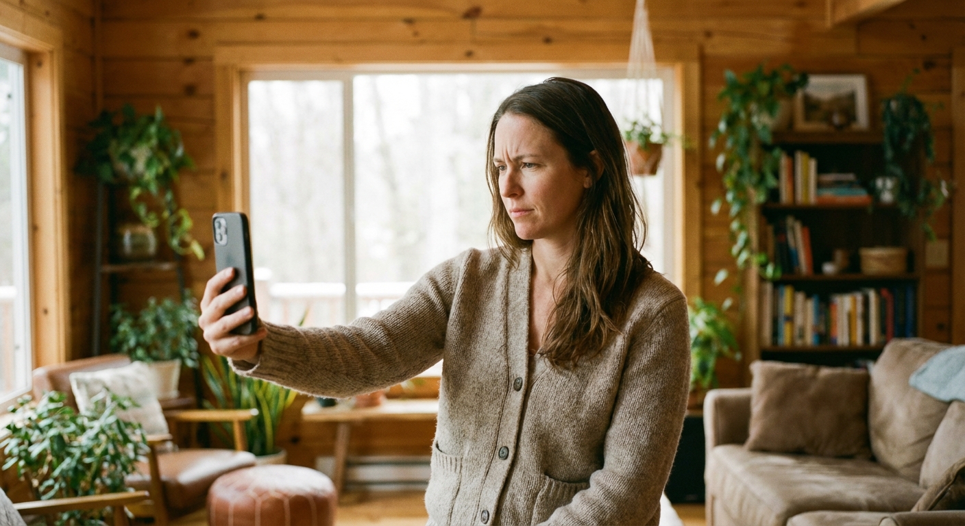 Person pausing thoughtfully before engaging with their phone screen