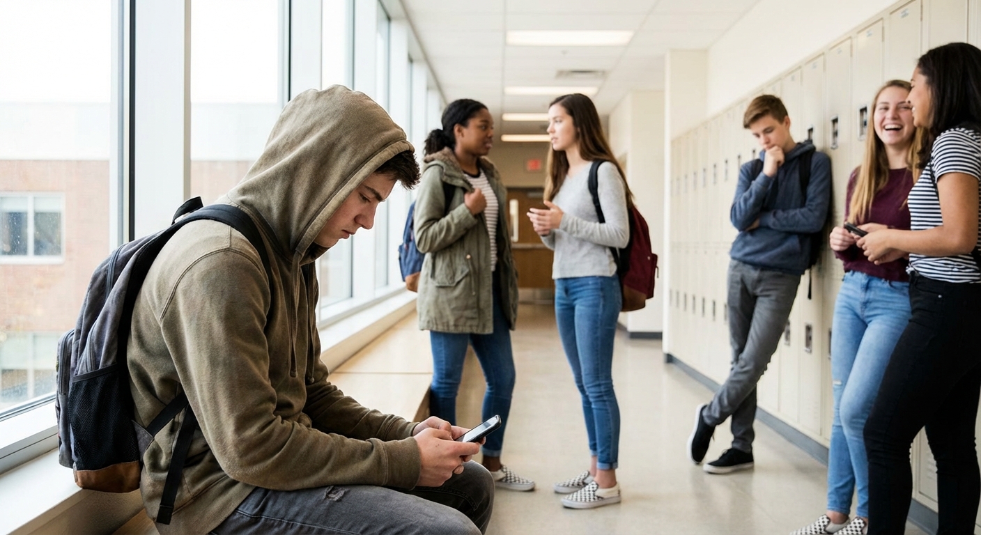 Teenagers looking at phones with concerned expressions in school setting