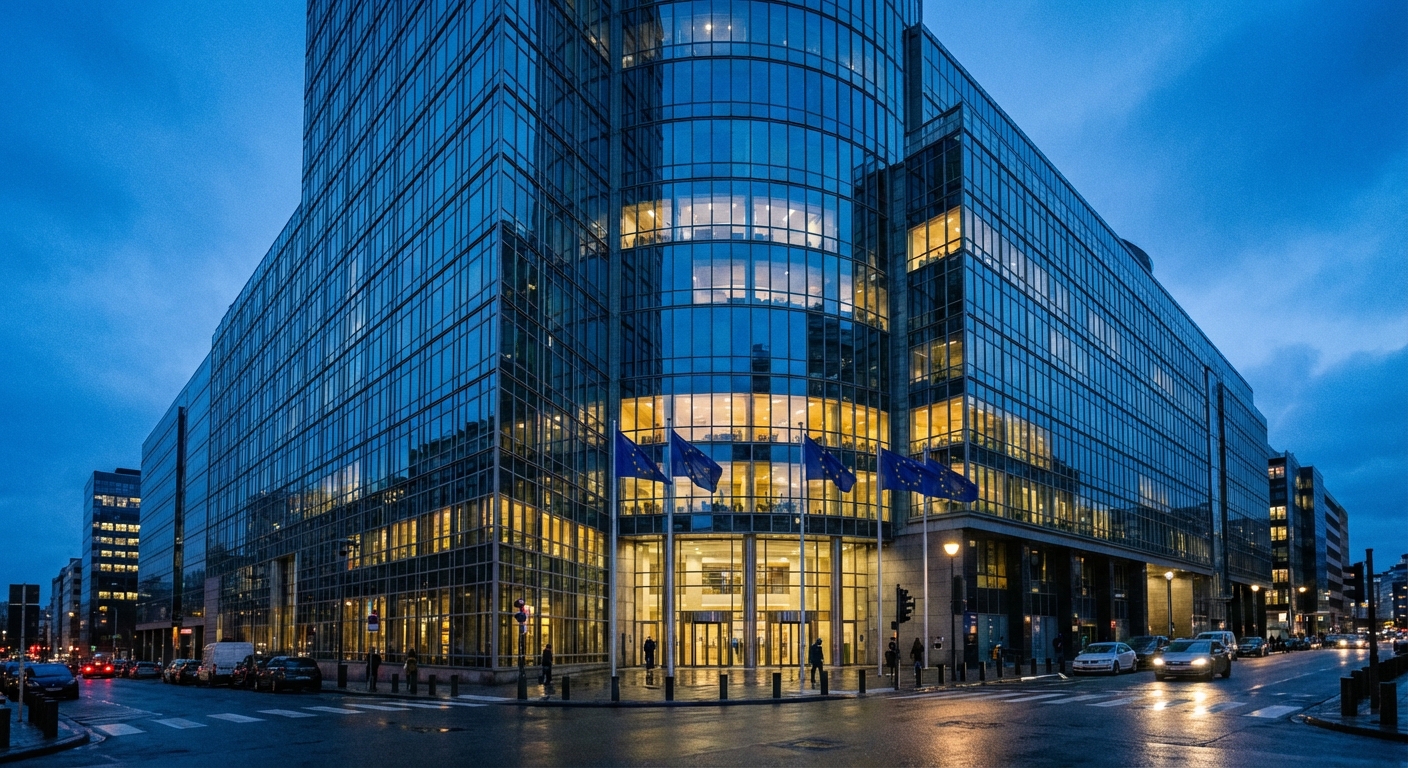 European Commission building in Brussels at dusk