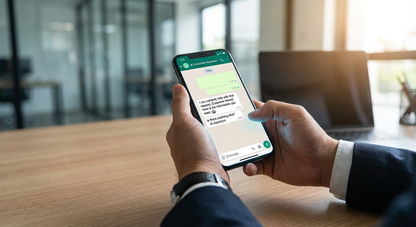 Business person using WhatsApp with AI chatbot on smartphone