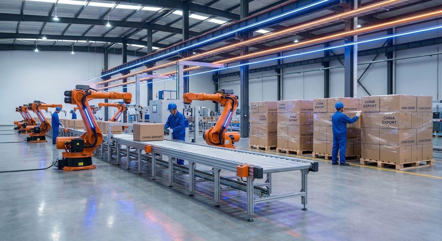 Factory floor in China with robots and workers manufacturing electronics