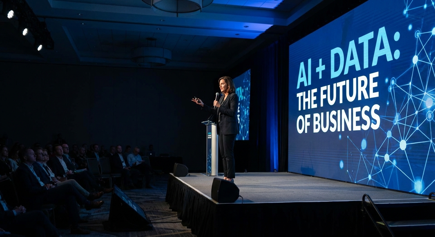 IBM CEO Arvind Krishna presenting at a corporate event with AI graphics in background