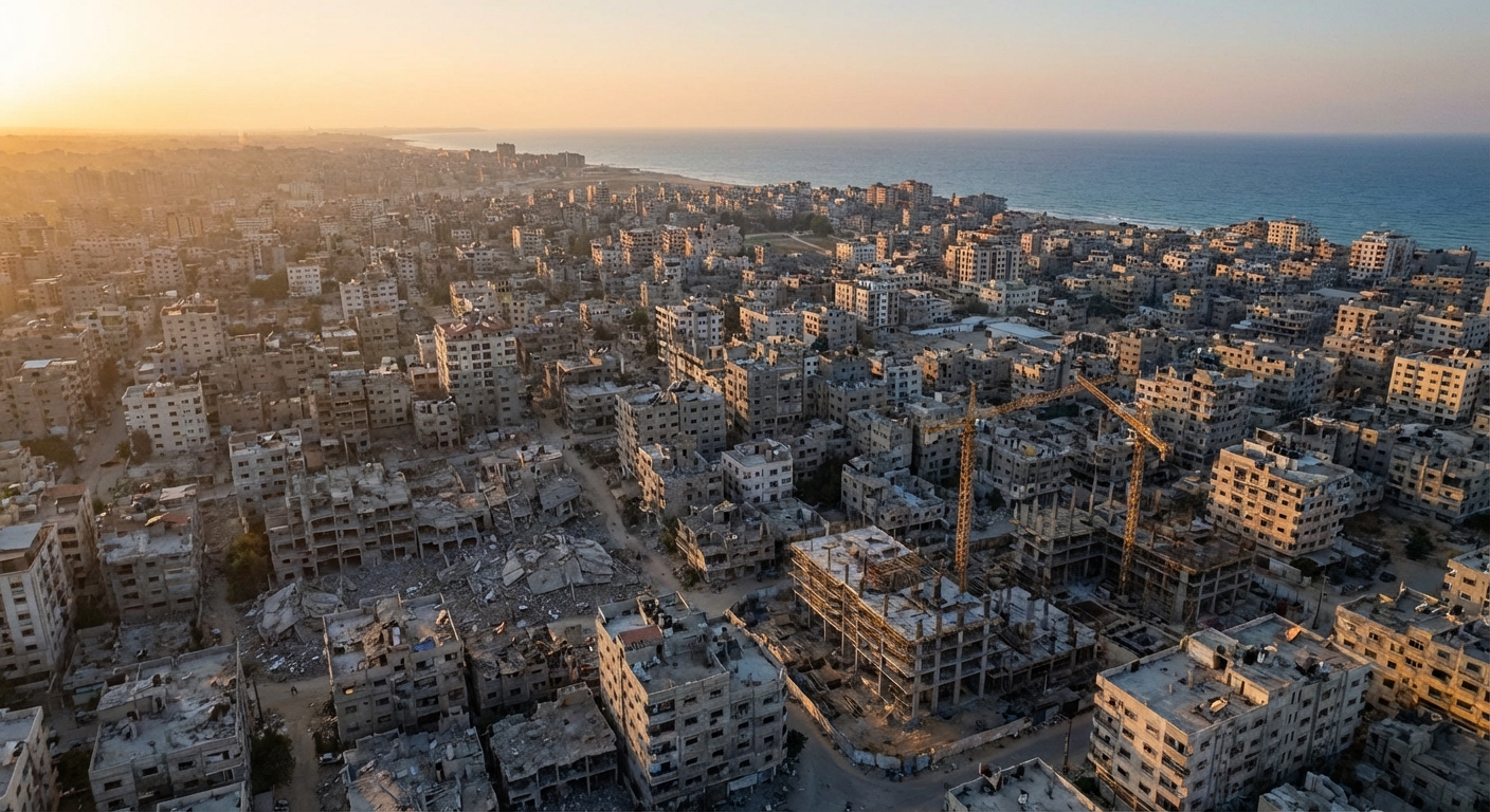 Aerial view of Gaza showing urban infrastructure and reconstruction zones