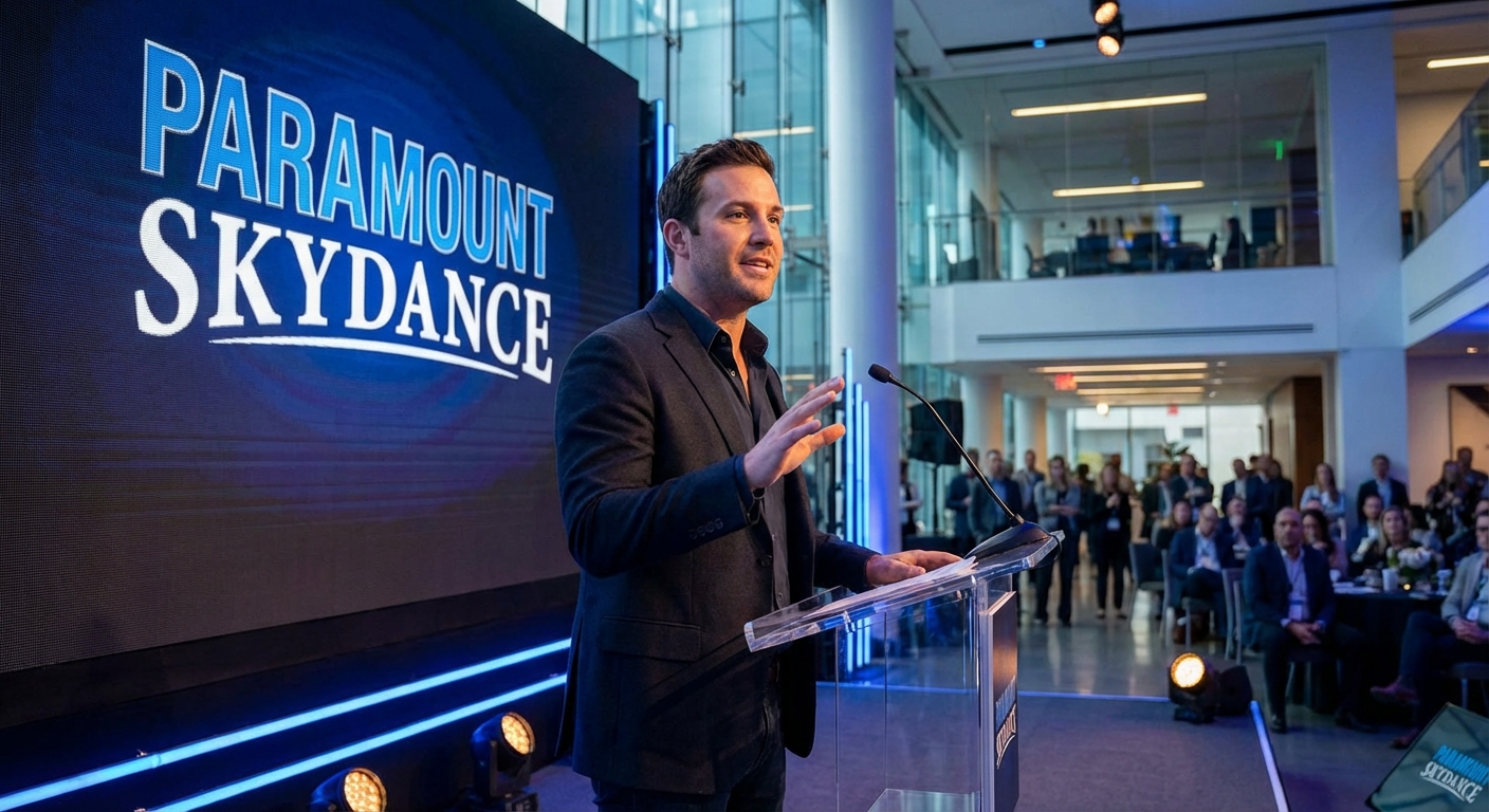 David Ellison speaking at a corporate event with Paramount Skydance branding