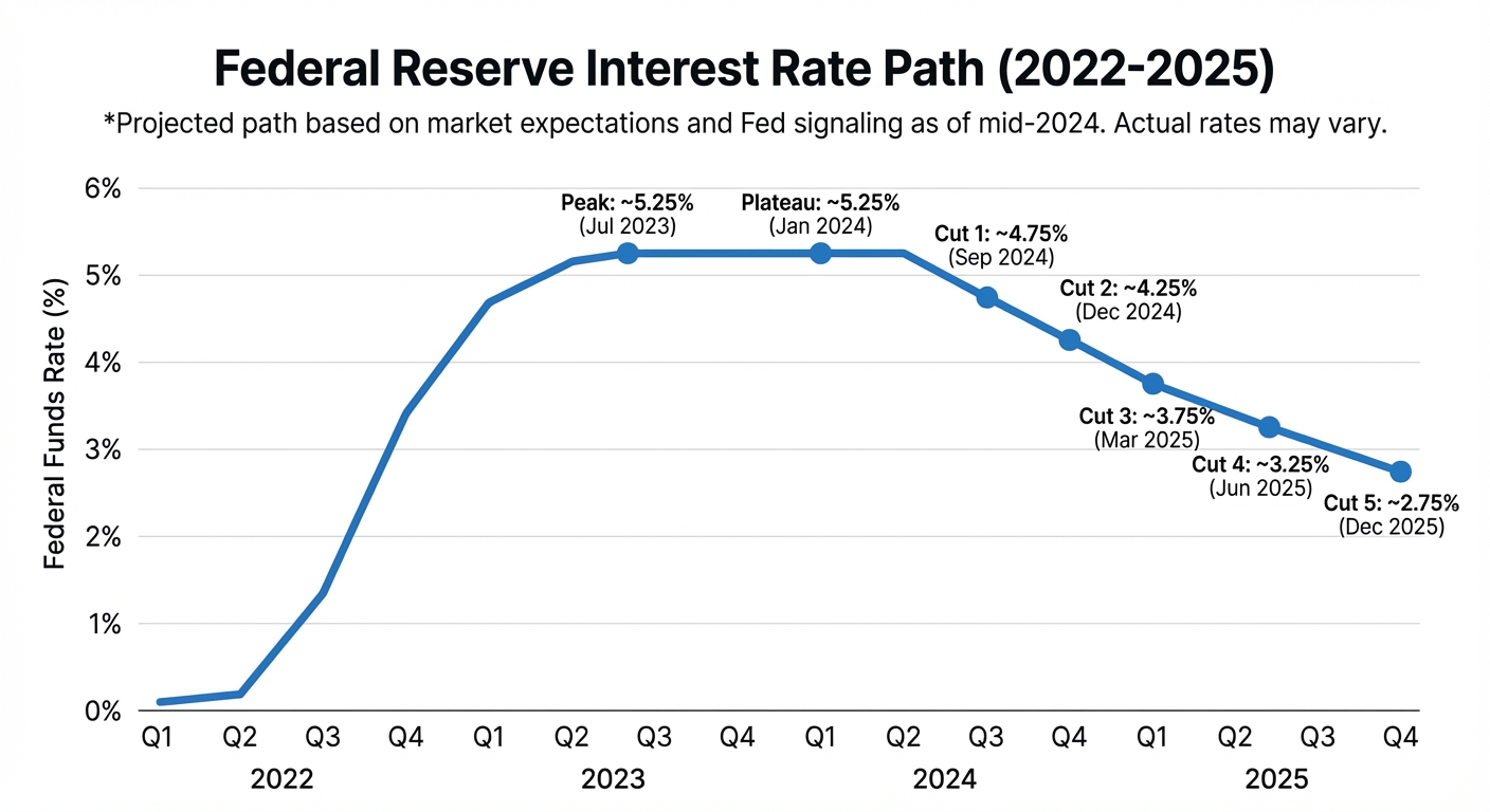 Infographic showing Federal Reserve interest rate trajectory from 2022 to 2025
