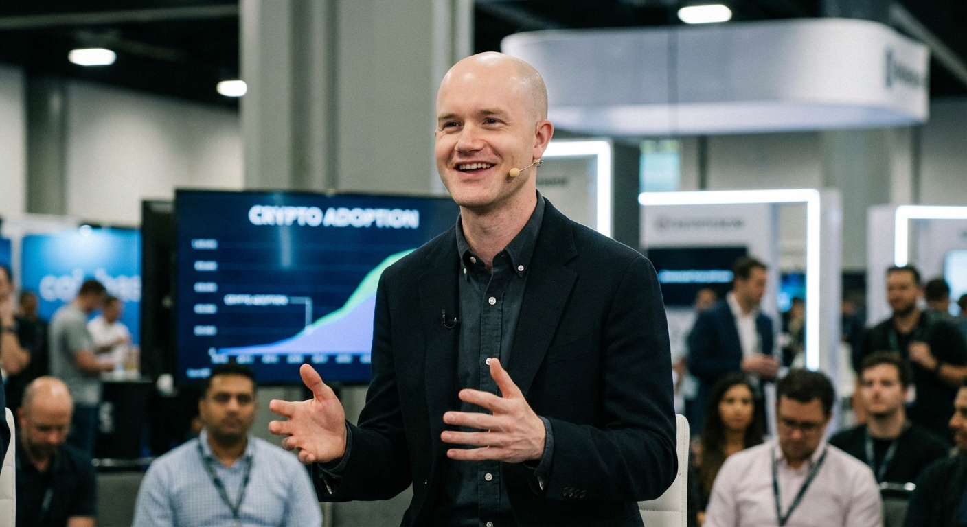 Coinbase CEO Brian Armstrong at tech conference discussing crypto banking partnerships