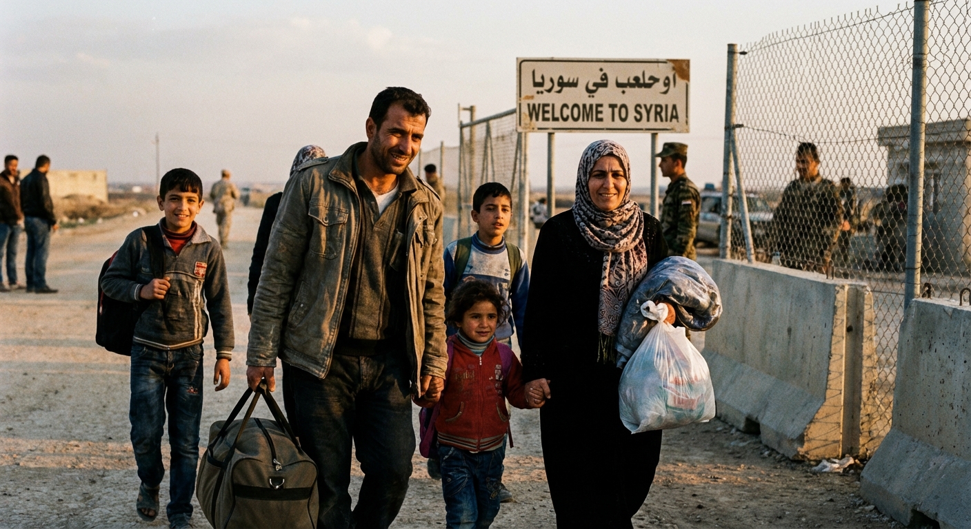 Syrian refugee family returning home crossing border checkpoint with belongings