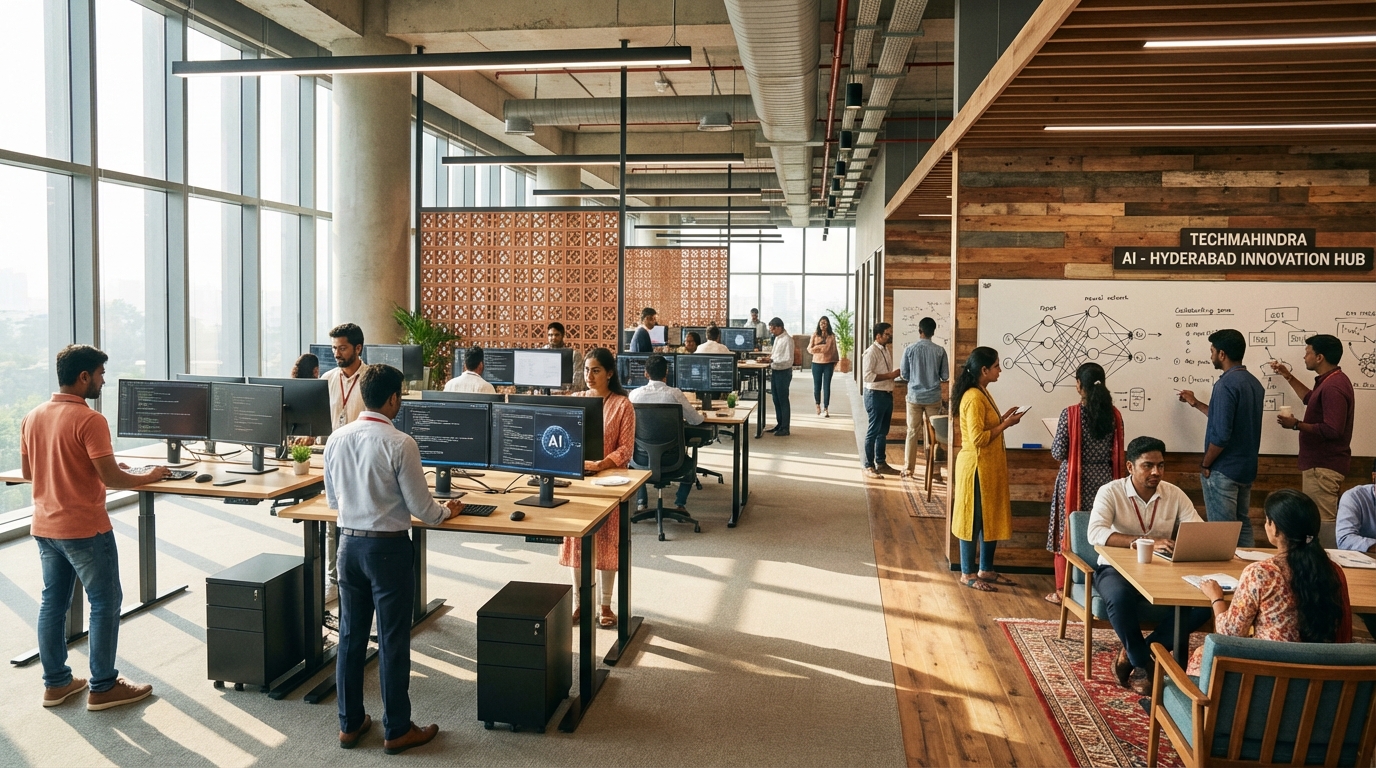 Indian tech workers collaborating in a modern AI development office