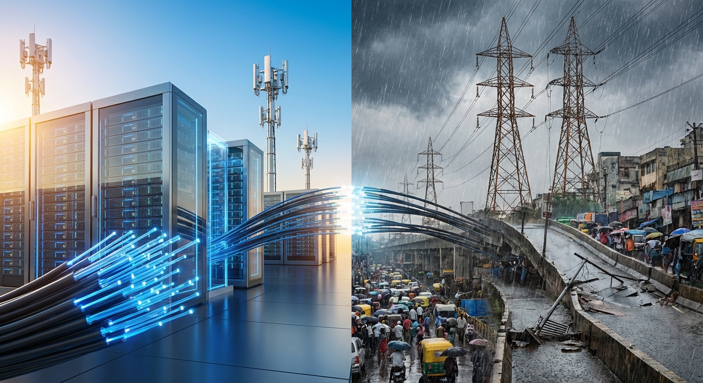 Split image showing AI opportunities and infrastructure challenges in India