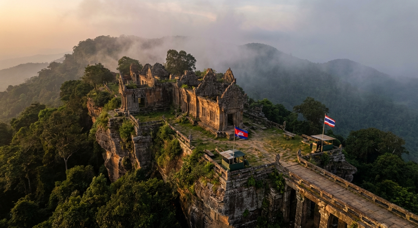 Preah Vihear temple complex on clifftop with Cambodian and Thai flags visible