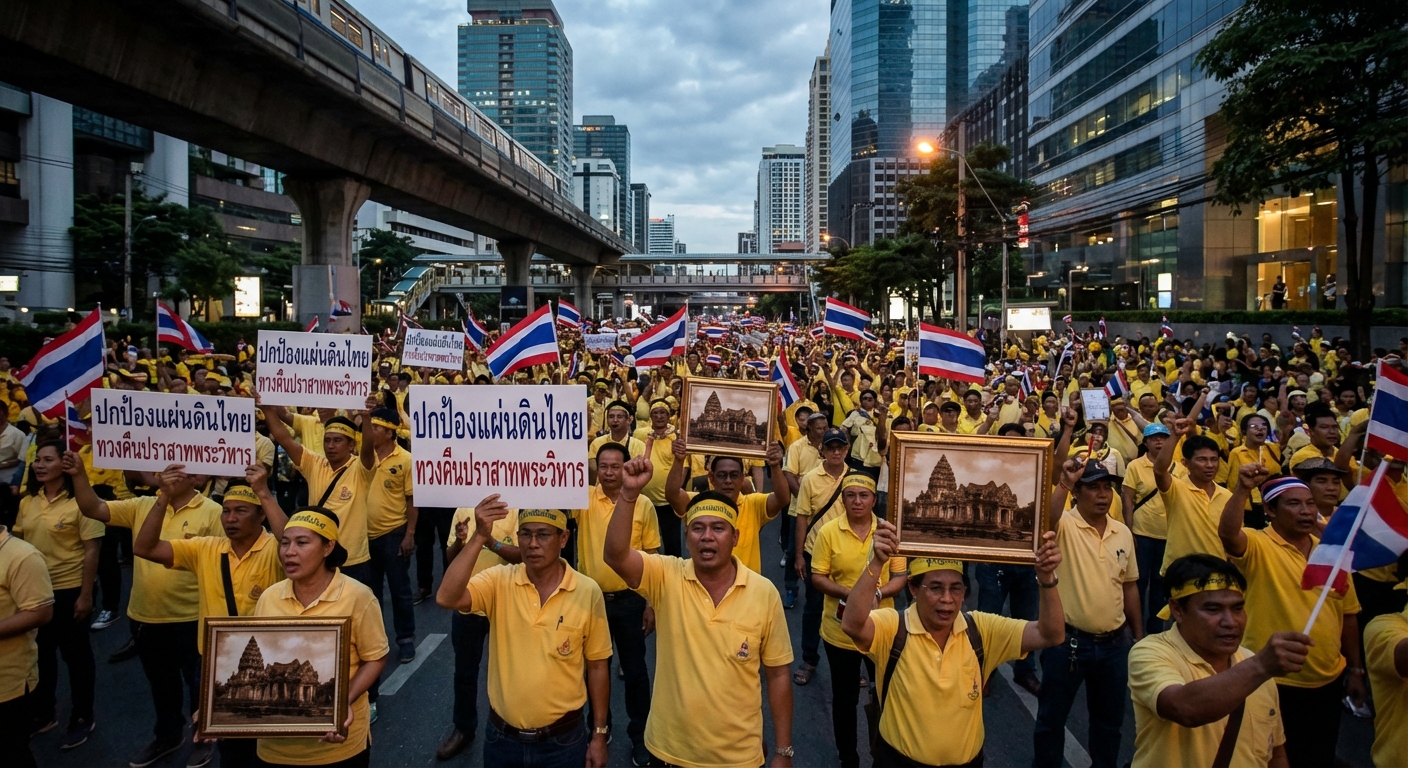 Protesters in Bangkok holding signs about border dispute and national sovereignty