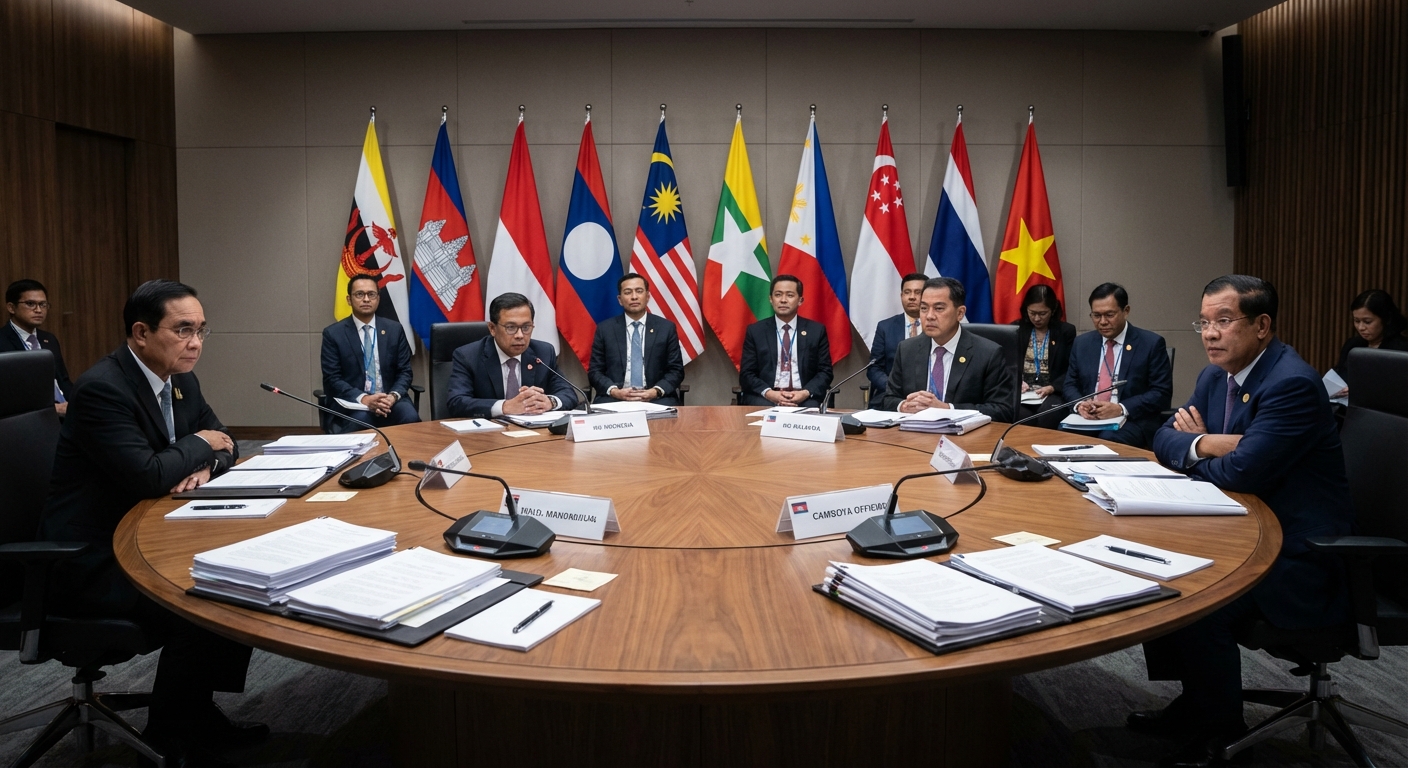 ASEAN diplomats meeting room with flags of Southeast Asian nations