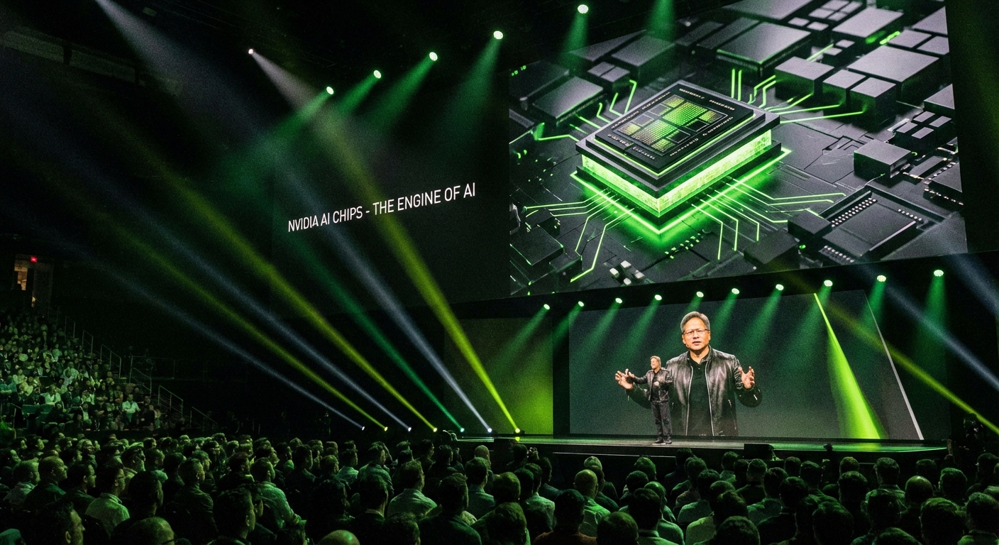 Jensen Huang Nvidia CEO speaking on stage with GPU chips displayed behind him