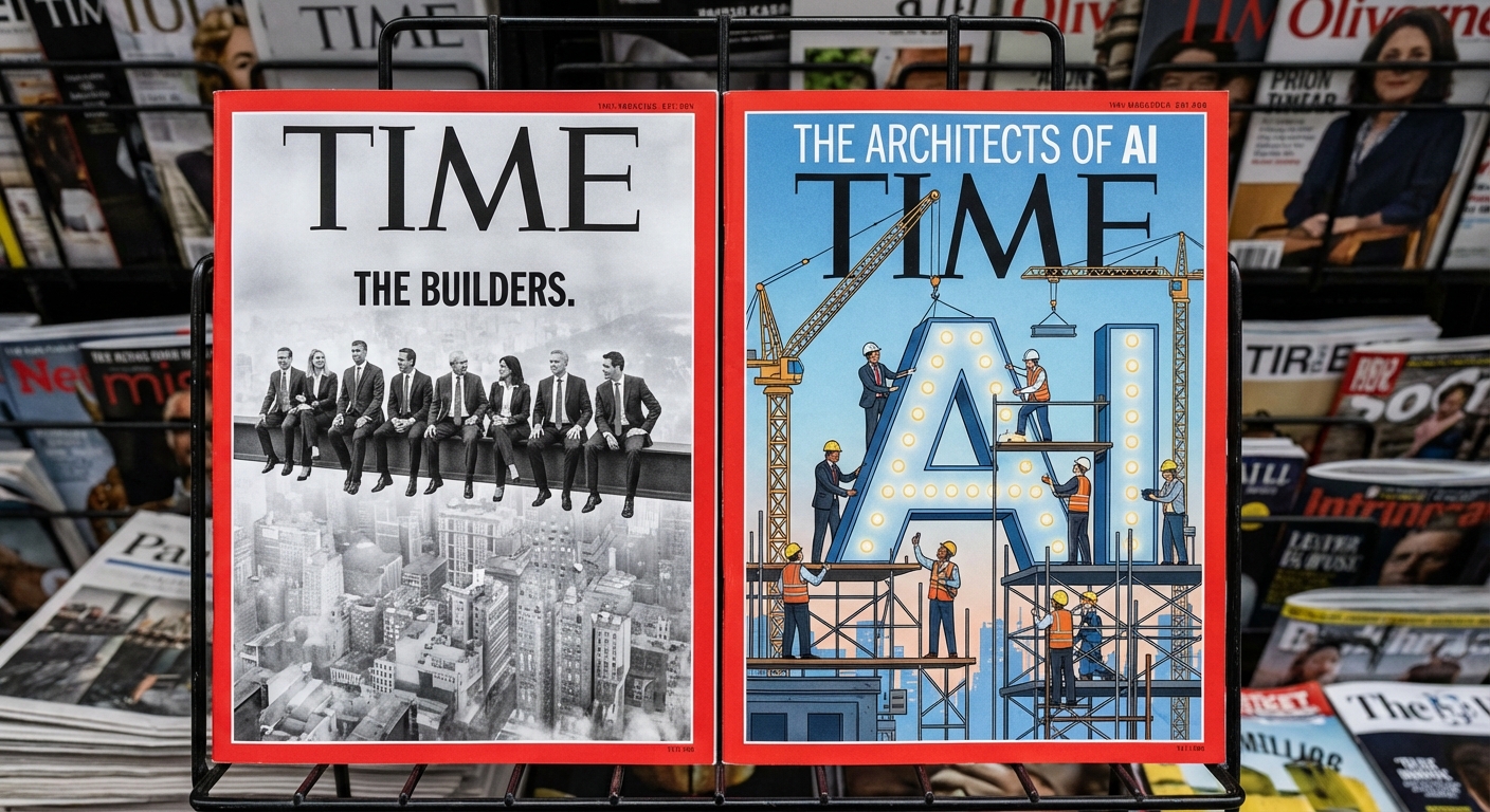 TIME Magazine covers showing the Architects of AI on construction scaffolding