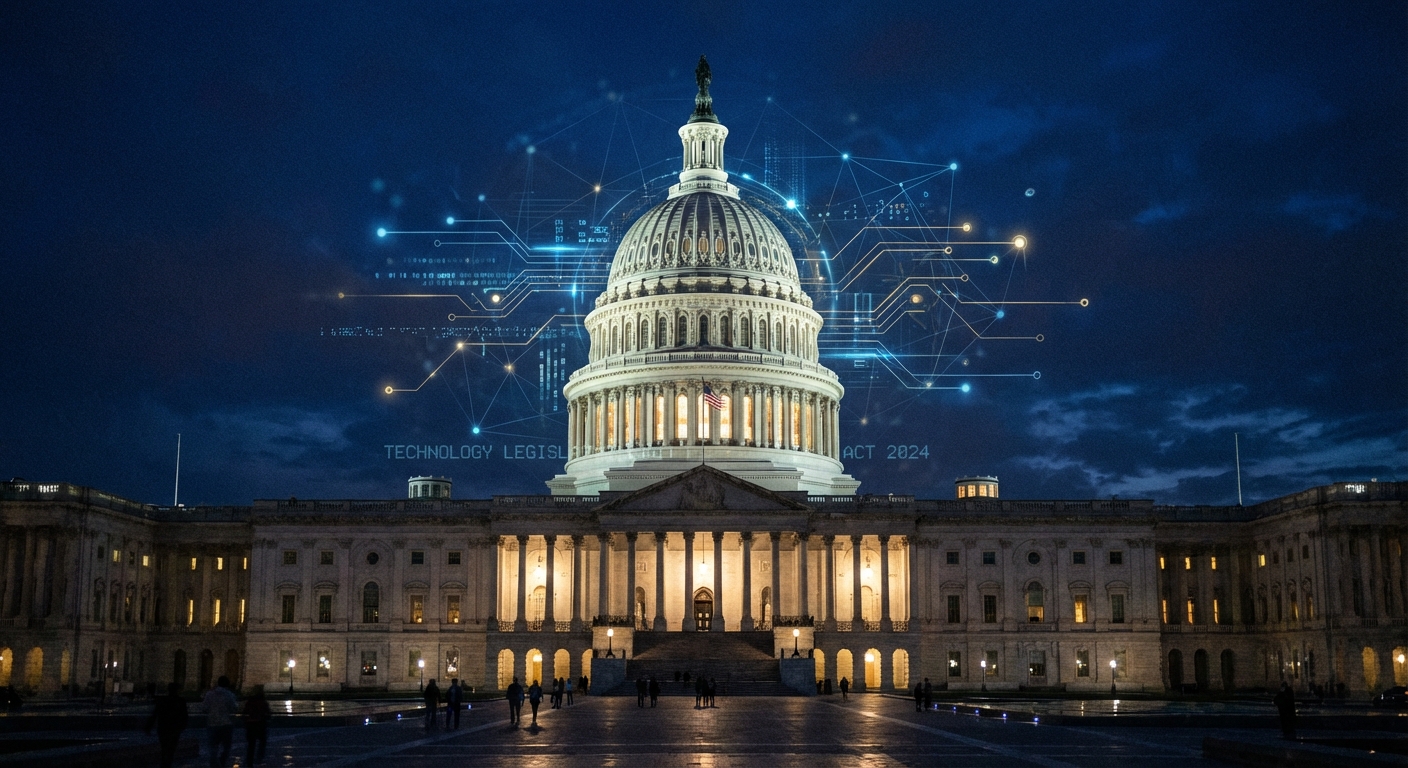 US Capitol building at night with digital overlays representing legislative process