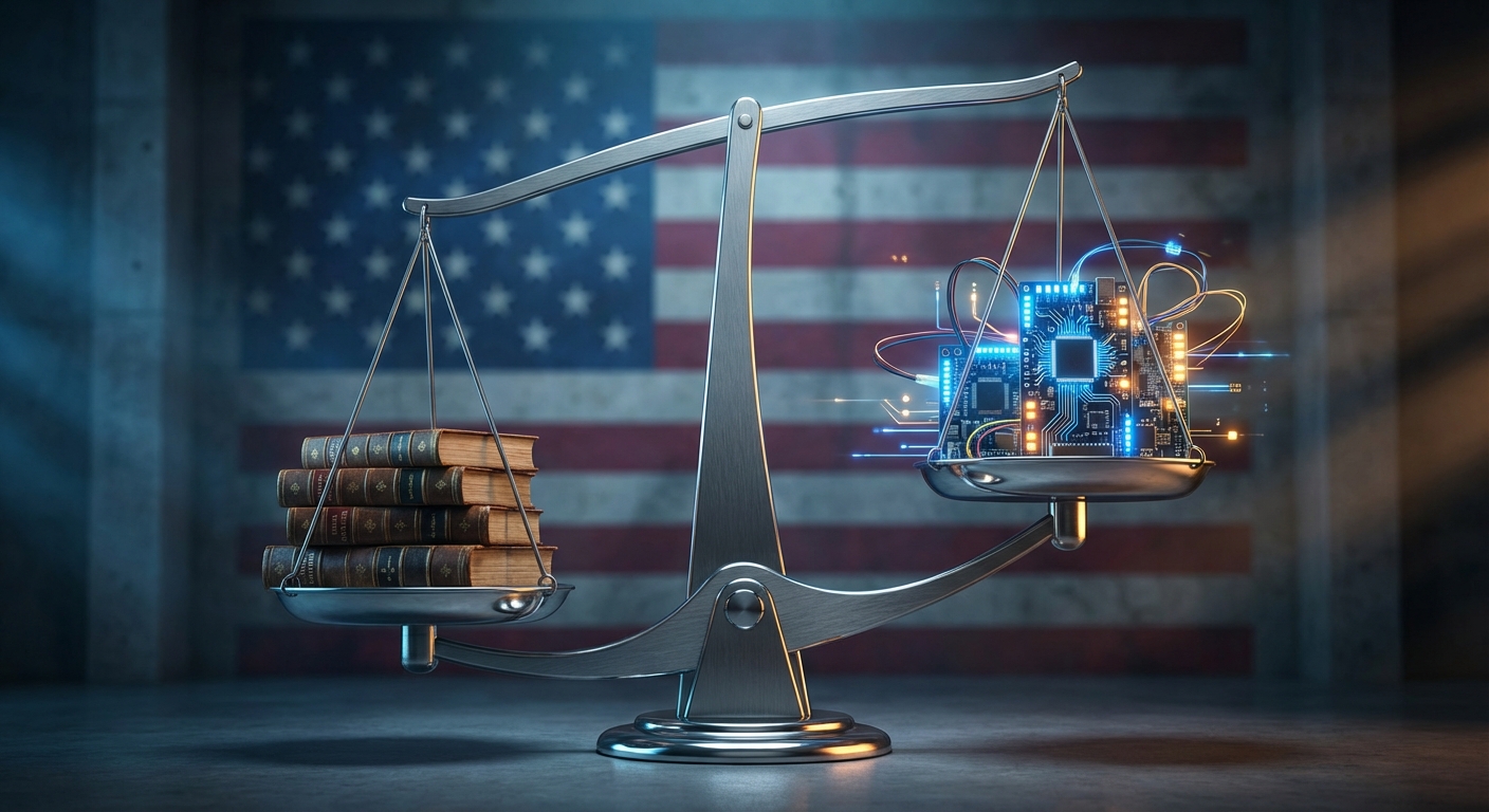 Scales of justice with AI circuit patterns representing the legal balance