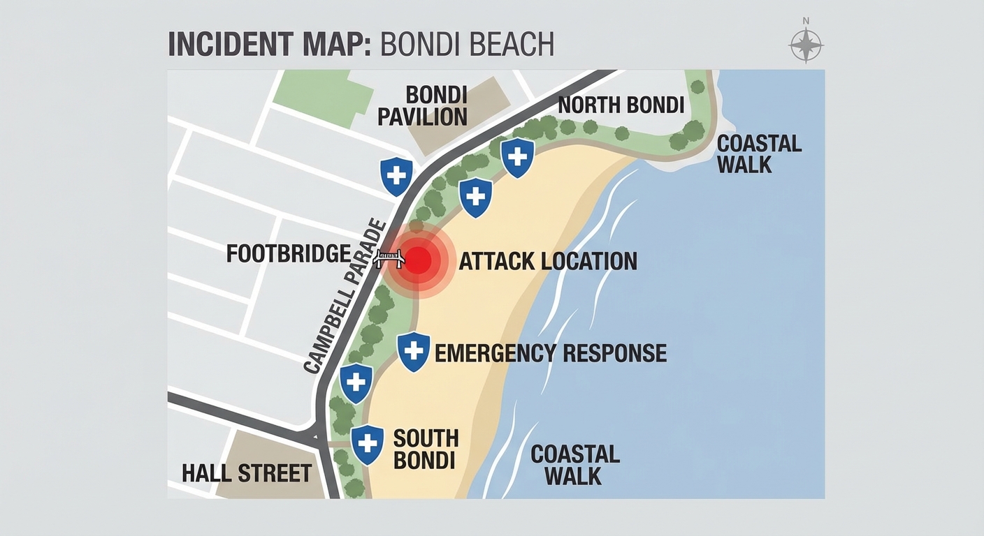 Map showing Bondi Beach location with attack site and emergency response positions marked