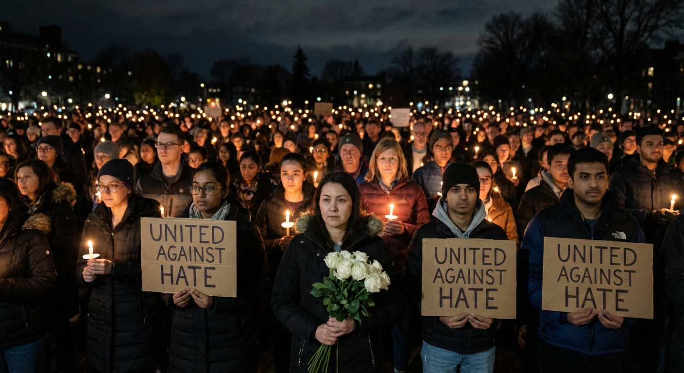 Candlelight vigil with diverse crowd holding candles and flowers
