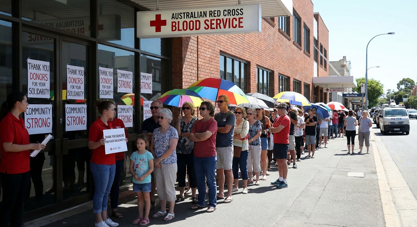 Long lines of people outside Australian Red Cross blood donation center