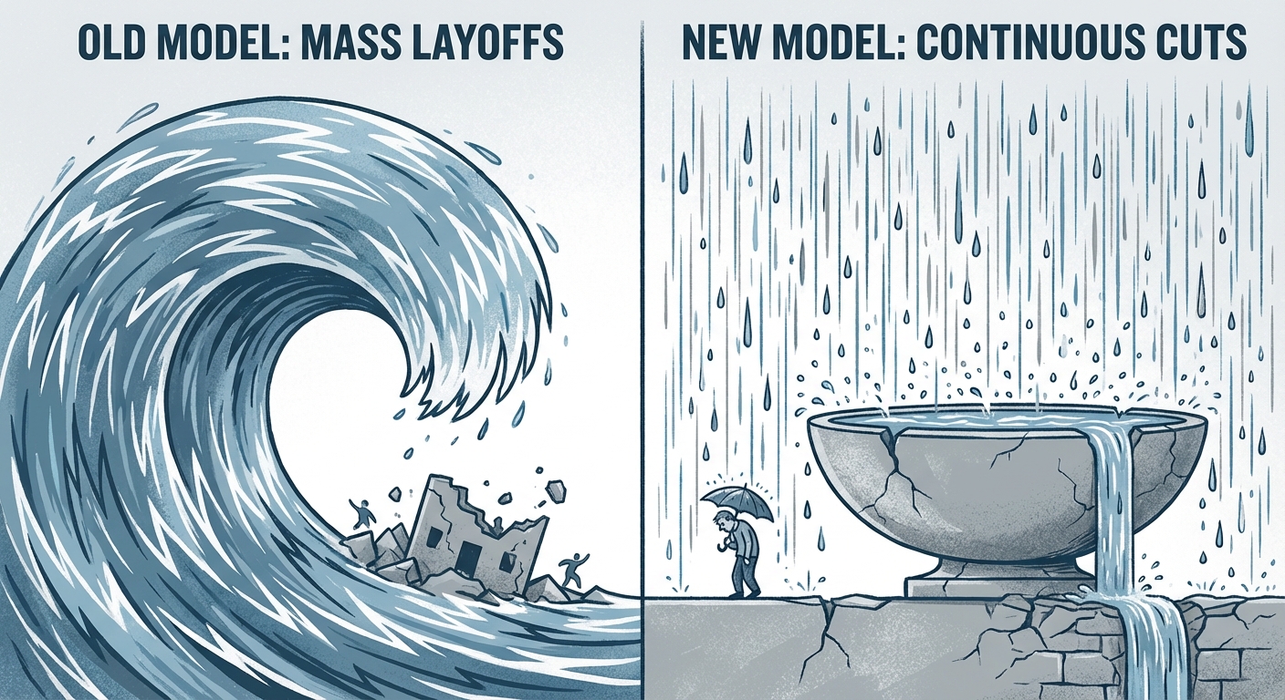 Conceptual illustration showing continuous small layoffs versus traditional large-scale cuts