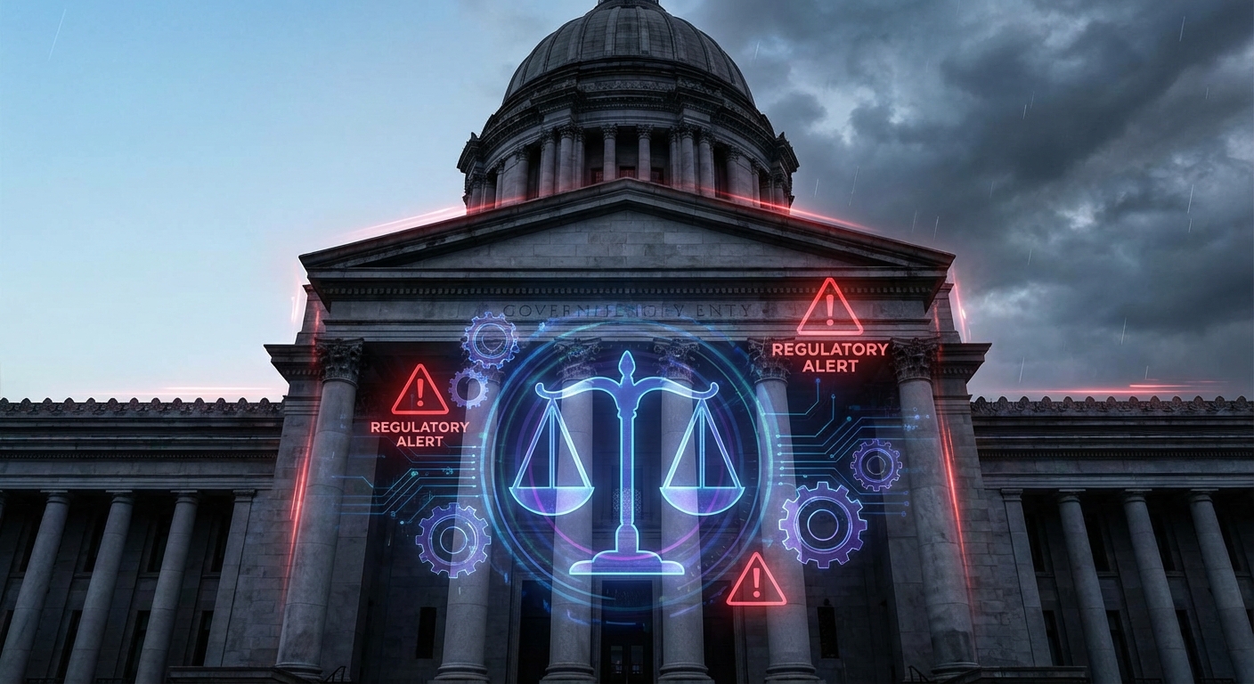 Government building with digital overlay showing AI regulation symbols