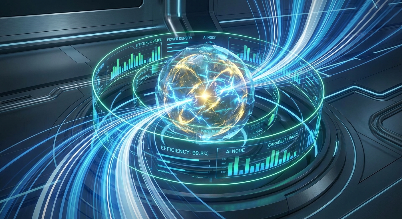 Futuristic visualization of next-generation AI architecture with efficiency indicators
