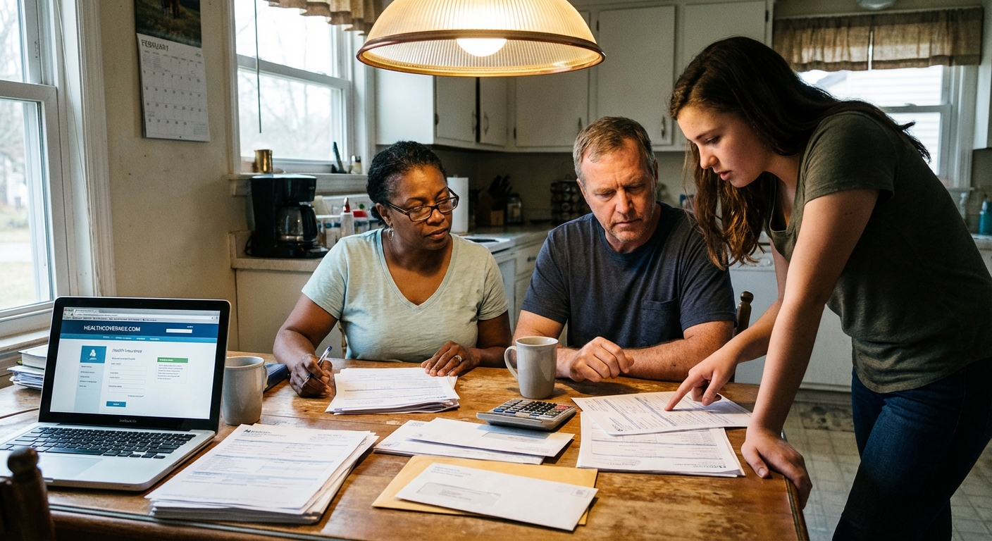 Family reviewing medical bills with calculator and insurance documents spread on table