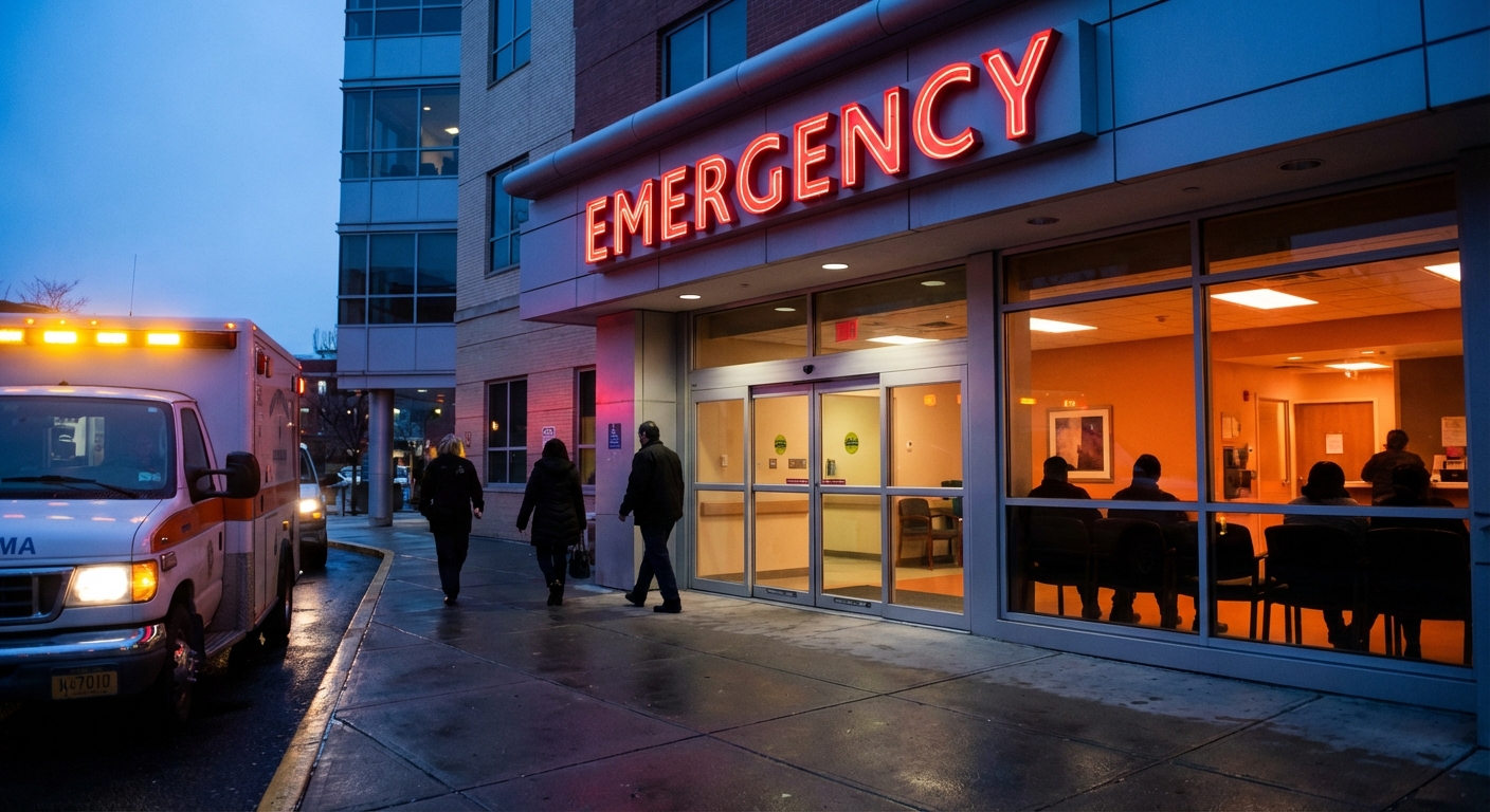 Hospital emergency room entrance with worried patients visible through glass doors