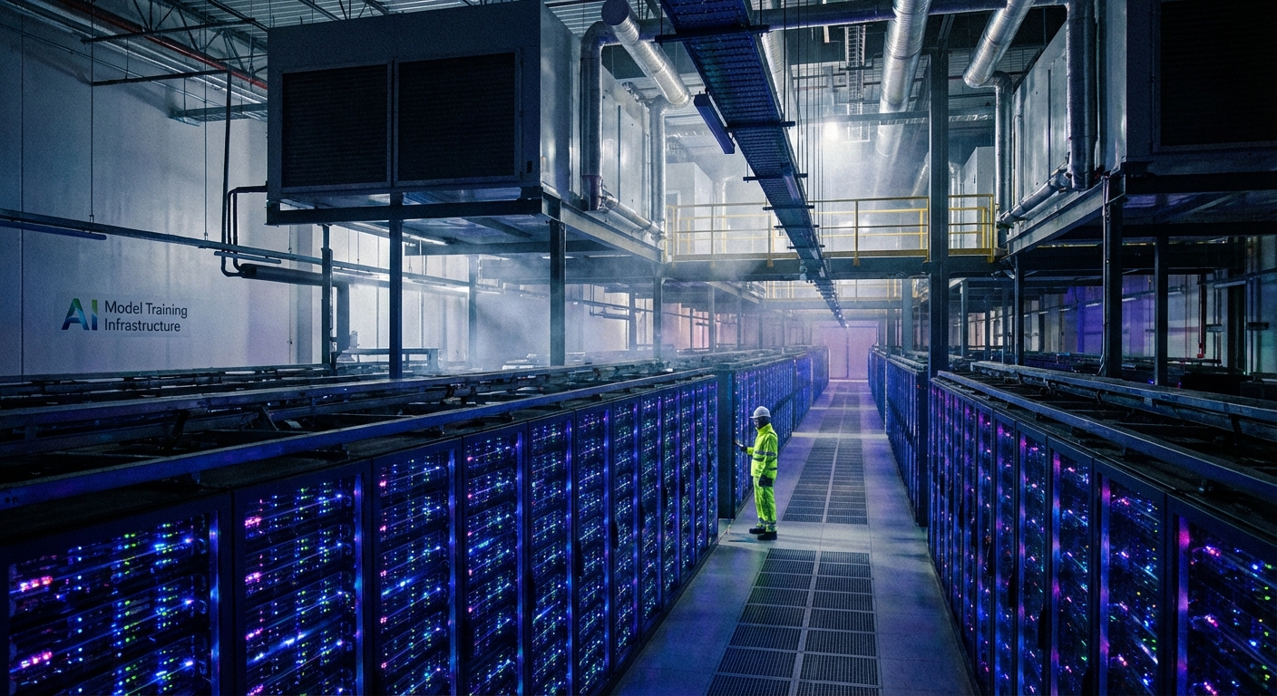 Data center interior showing rows of high-performance computing servers with blue LED lighting