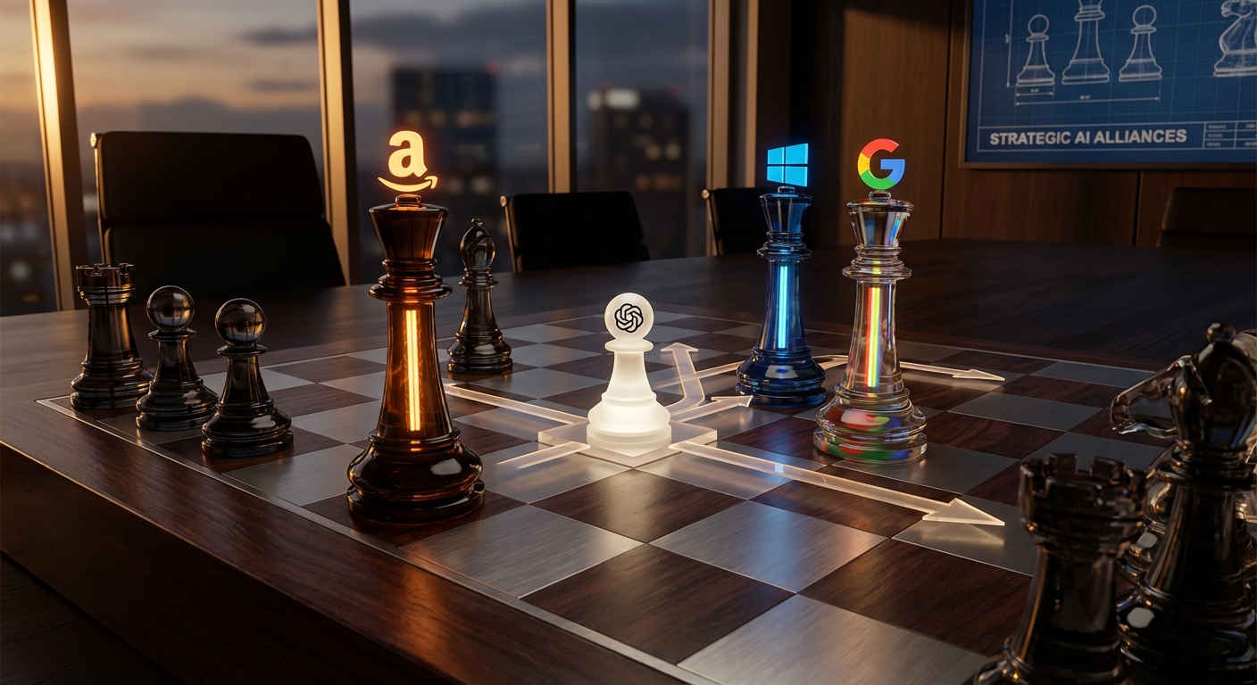 Chess pieces on a board representing strategic positioning of major AI companies