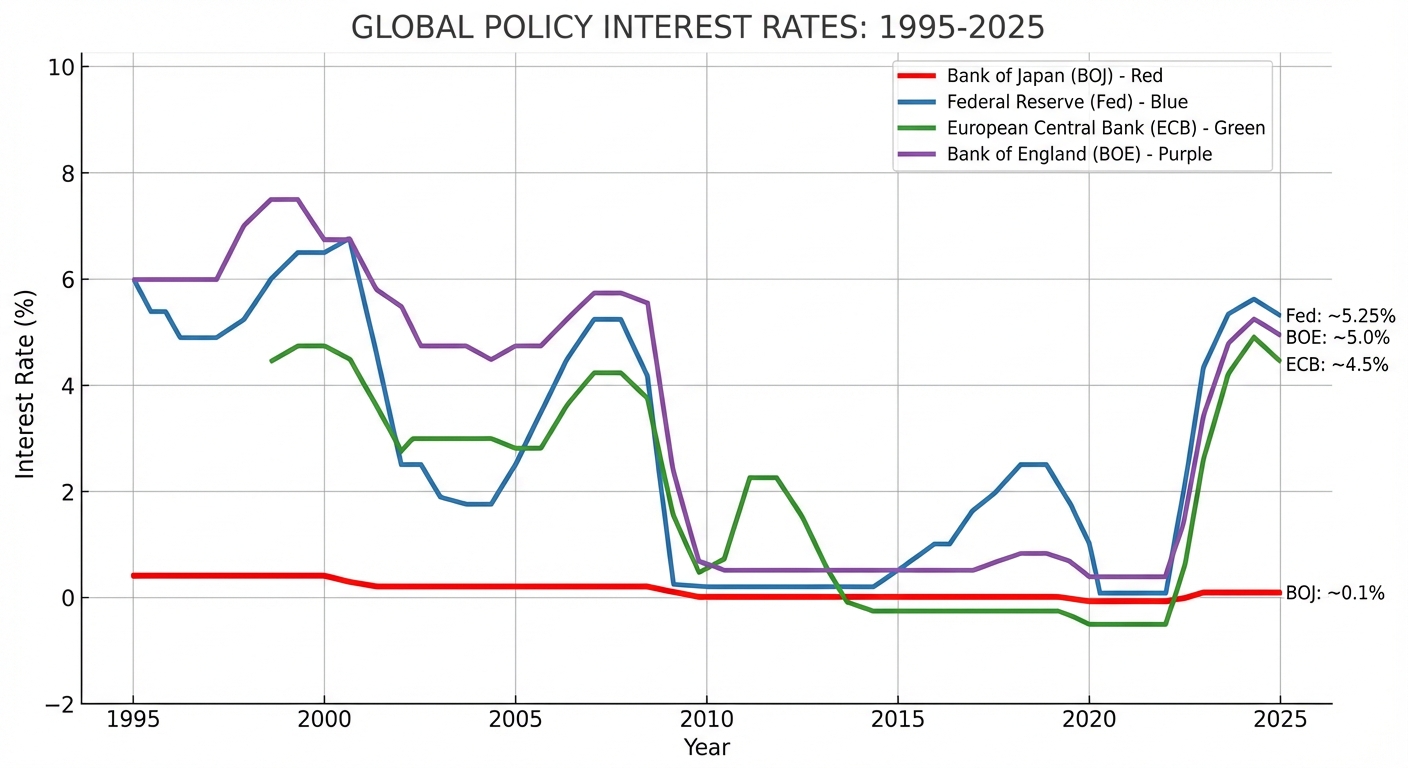 Chart comparing central bank interest rates across major economies from 1995 to 2025