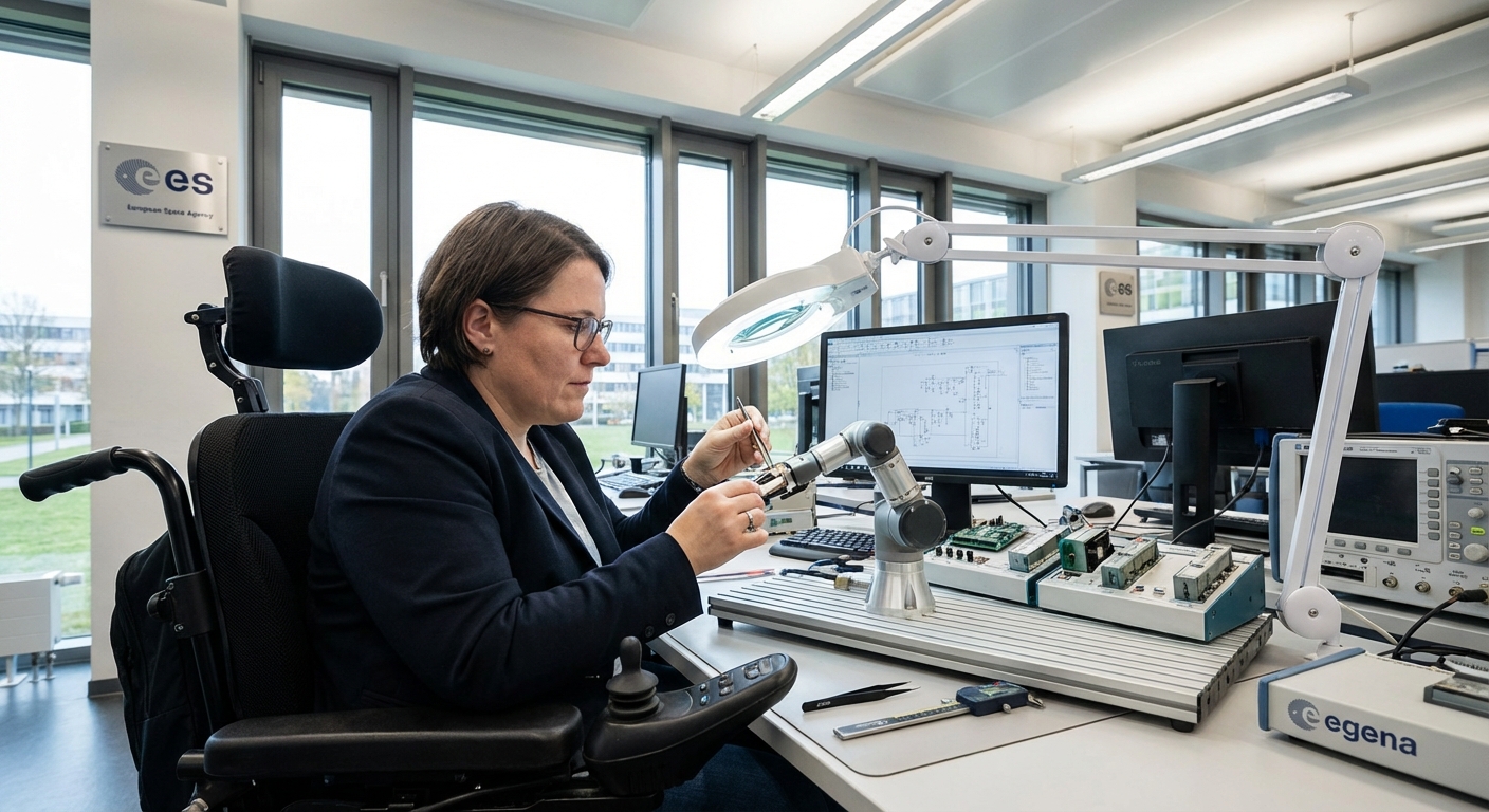 Michaela Benthaus in her wheelchair working on robotic equipment at European Space Agency