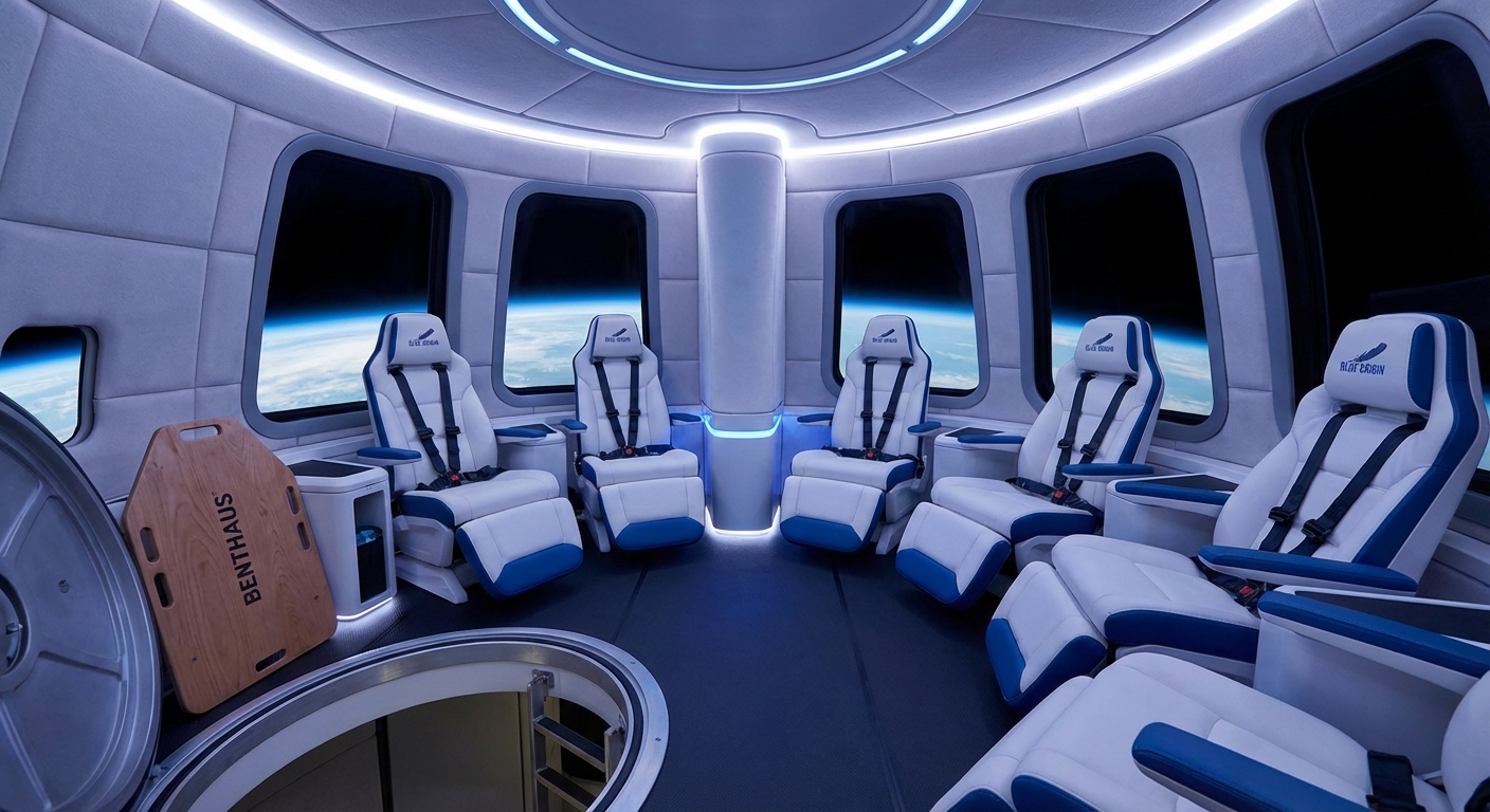 Interior of Blue Origin New Shepard capsule showing large windows and passenger seats