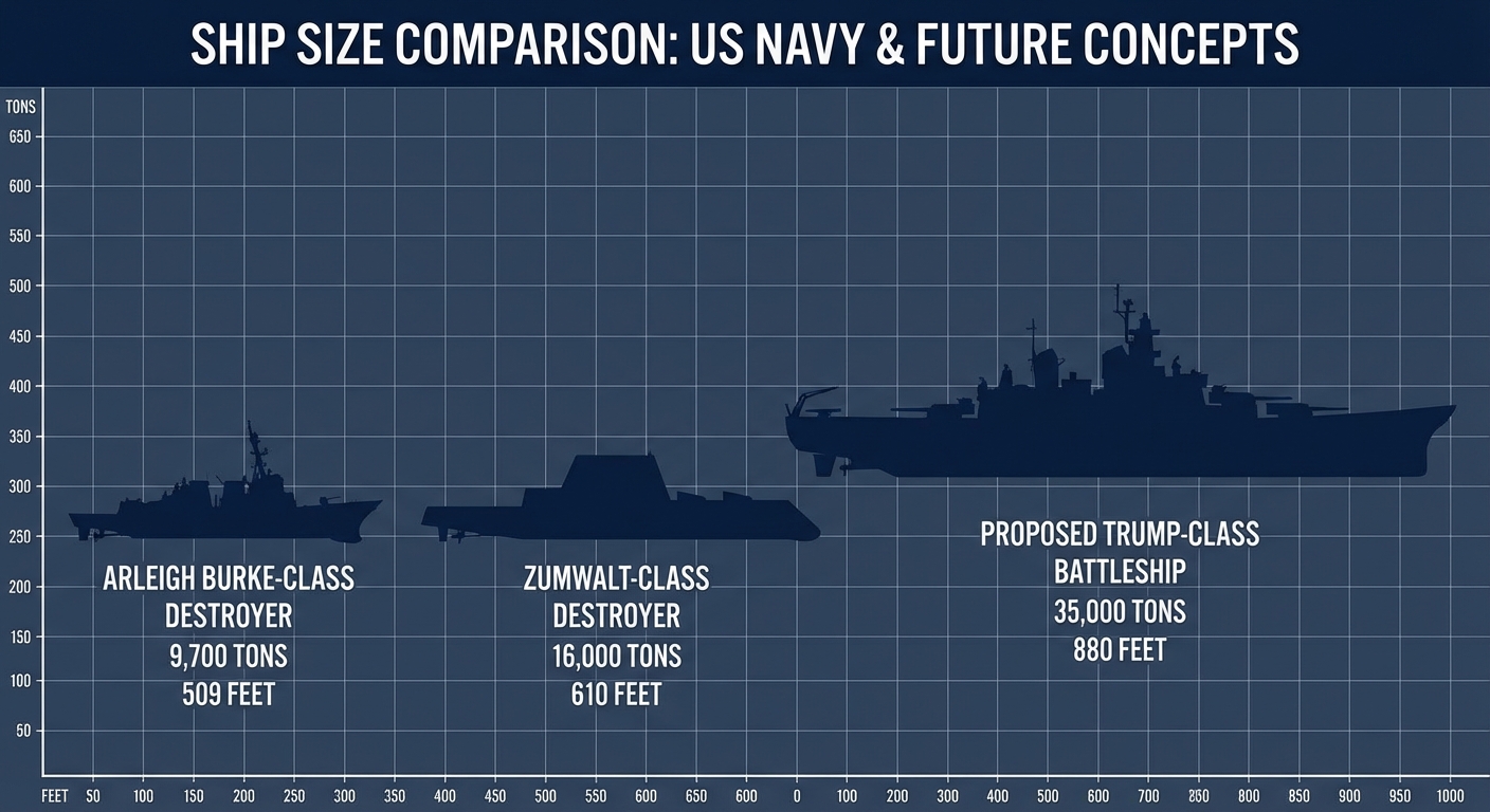 Size comparison infographic showing Trump-class battleship versus current Navy destroyers