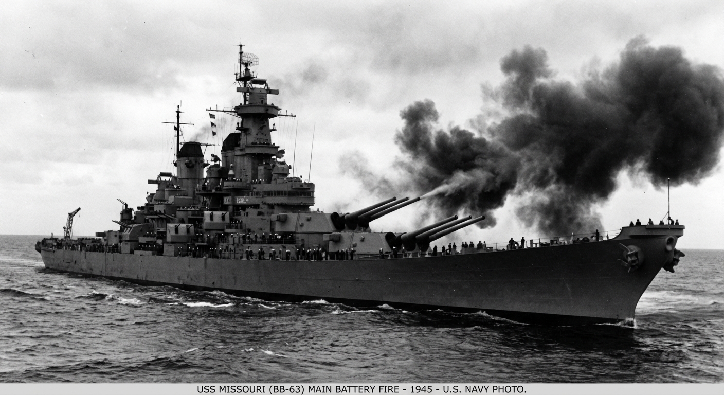 Historic photo of USS Missouri battleship firing its main guns during World War II