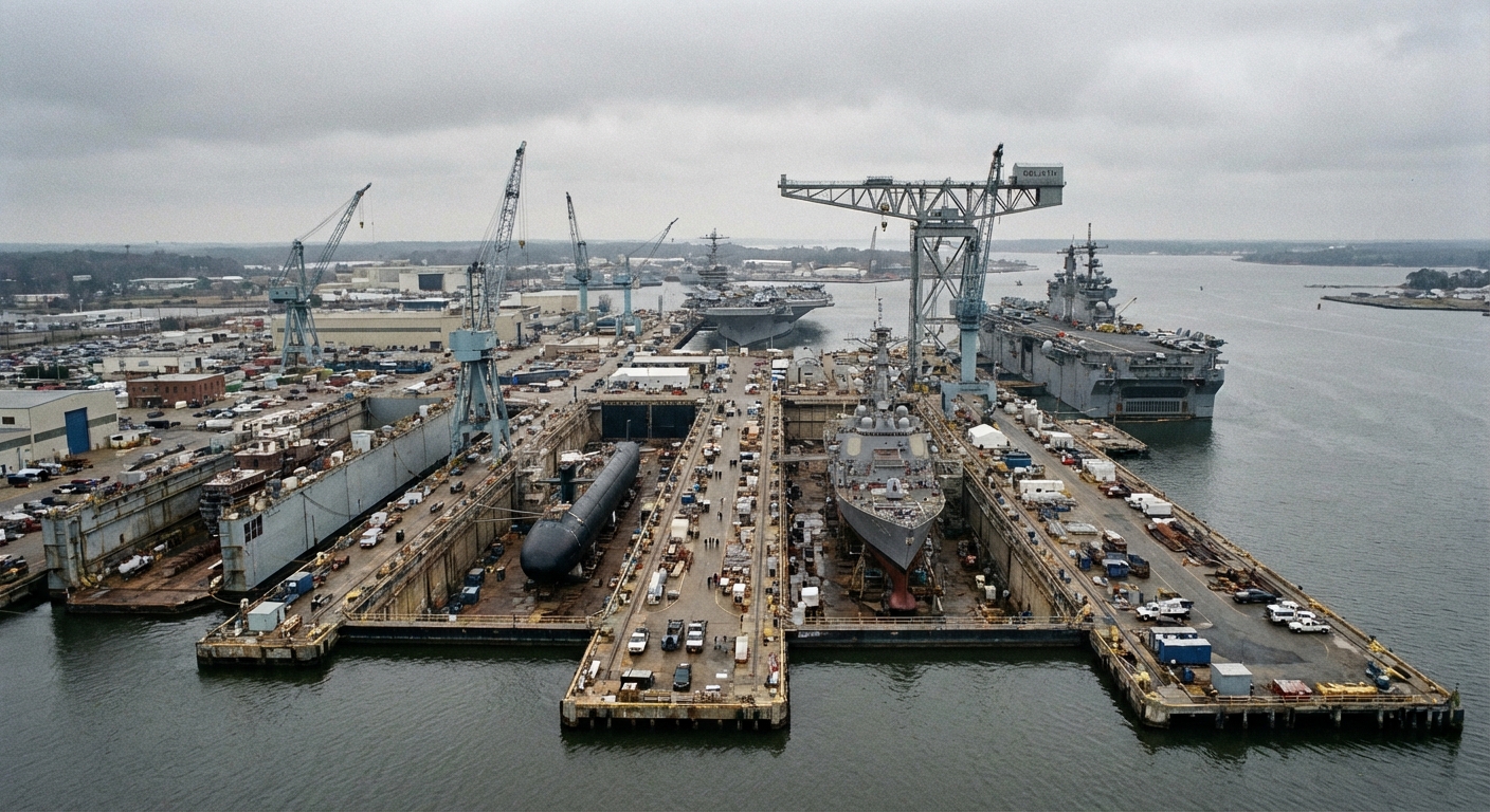 Aerial view of Huntington Ingalls Newport News shipyard with ships under construction