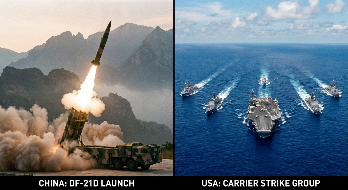 Split screen showing Chinese anti-ship missile launch and American naval task force
