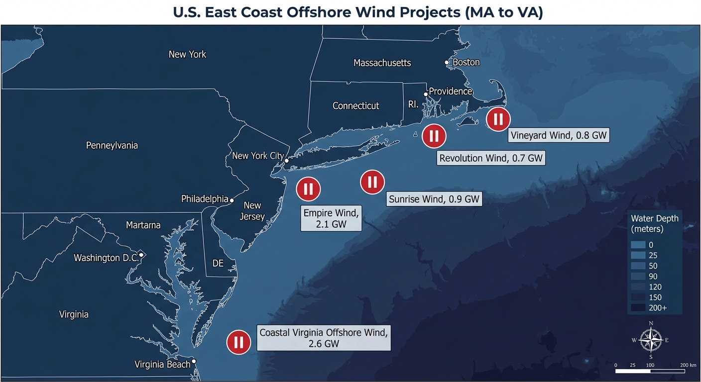 Map showing locations of five suspended offshore wind projects along East Coast