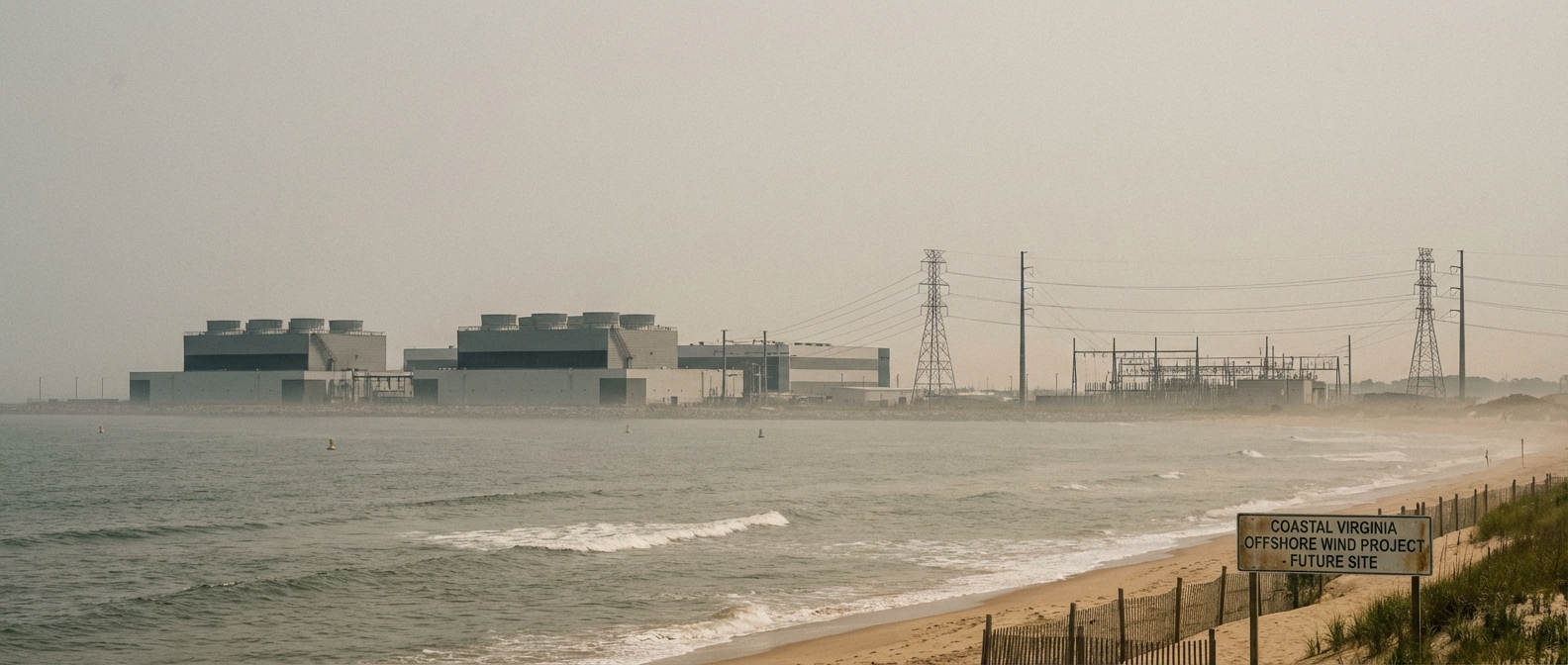 Virginia Beach shoreline with data center buildings visible and offshore area where wind farm was planned