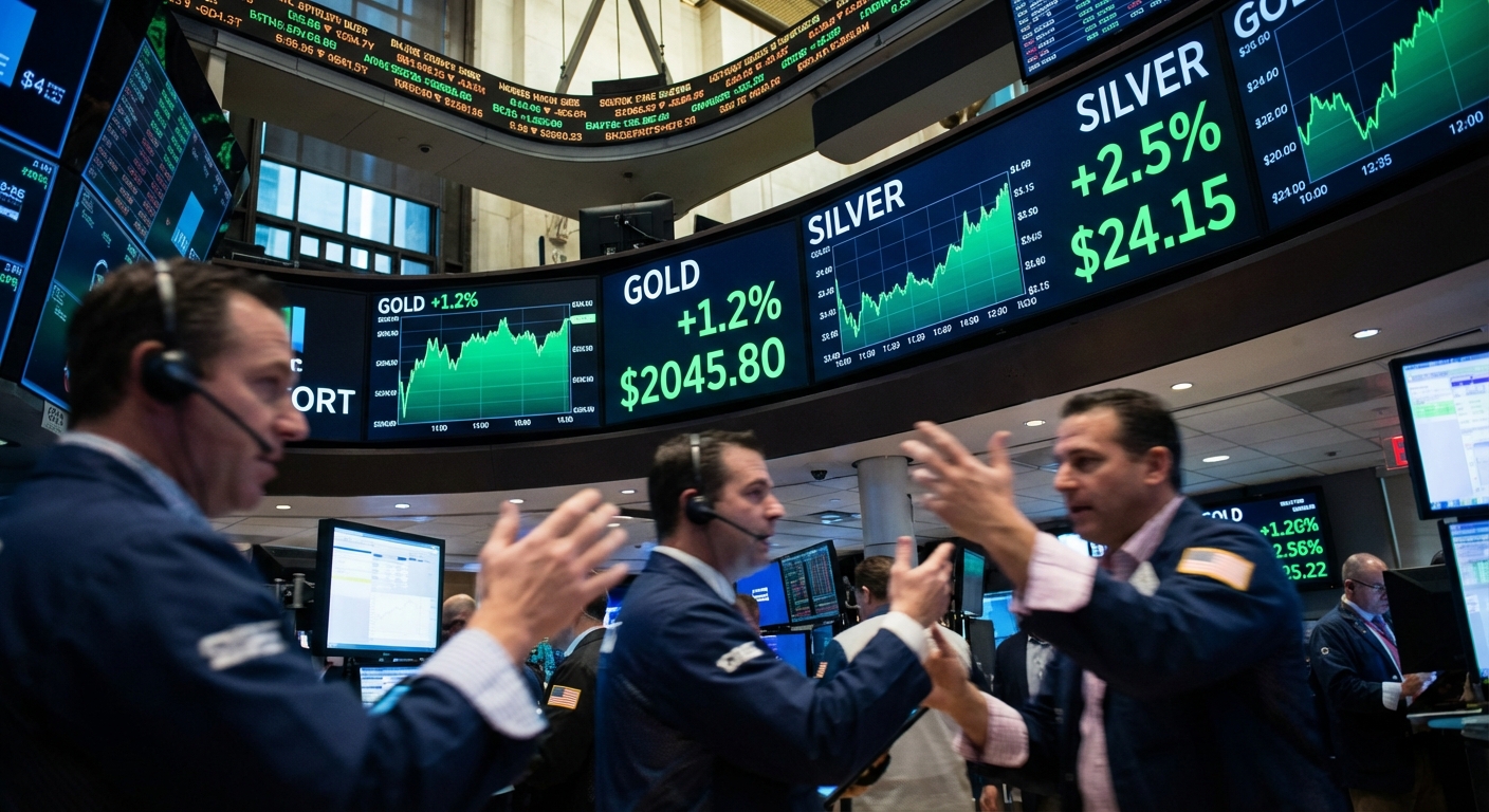 Trading floor monitors showing precious metals prices in green