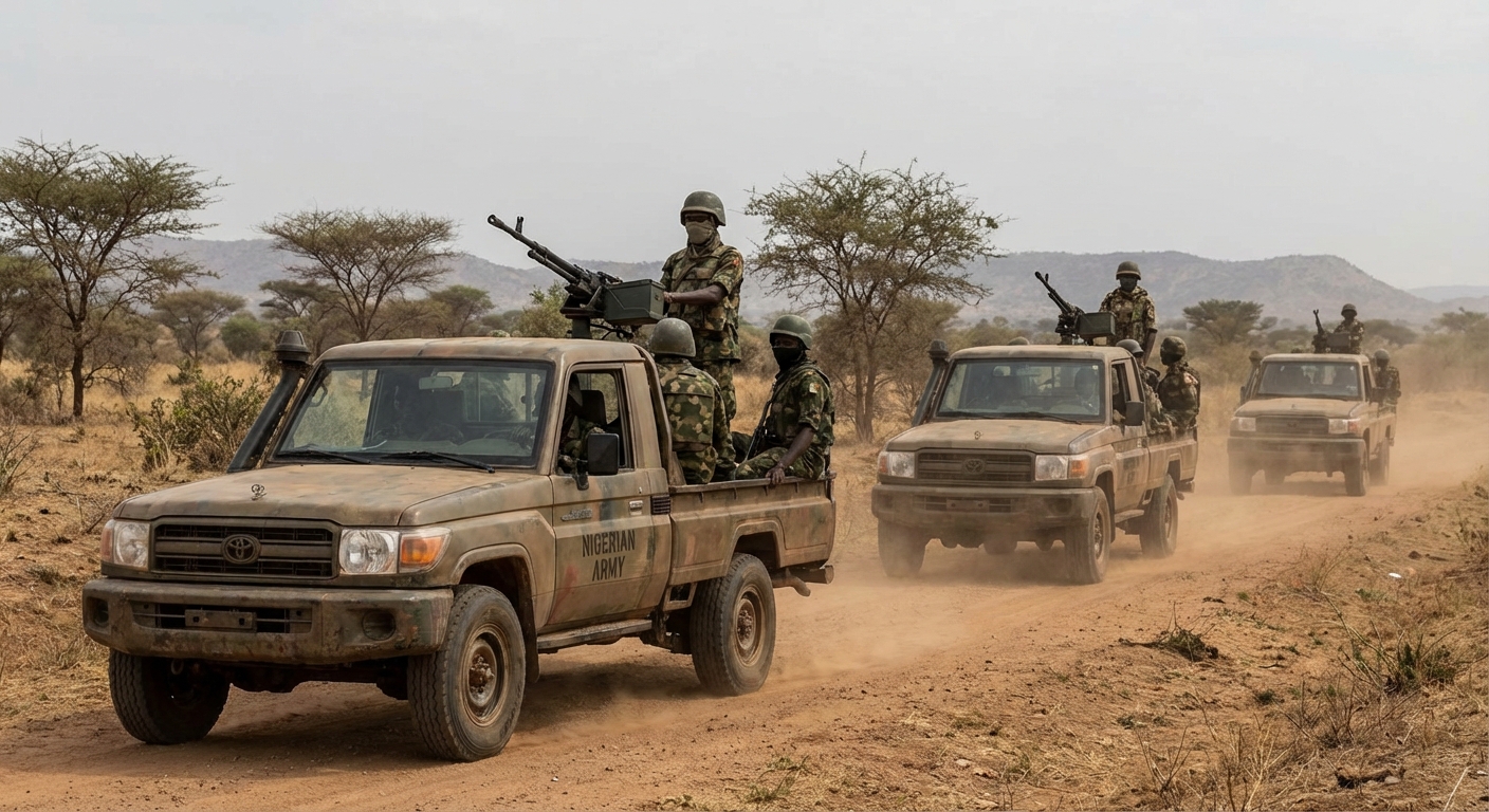Nigerian military vehicles on patrol in a rural area