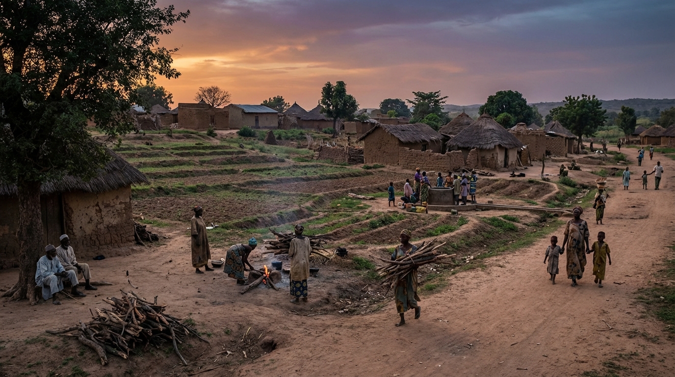 African village with residents going about daily life under sunset sky