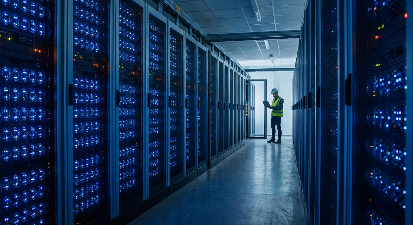 Interior of data center showing rows of storage servers